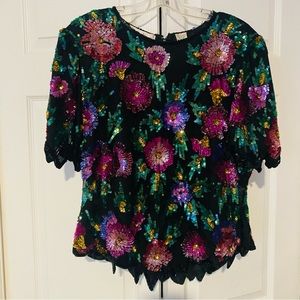Vintage floral sequin beaded blouse top evening formal wear spring Easter bridal